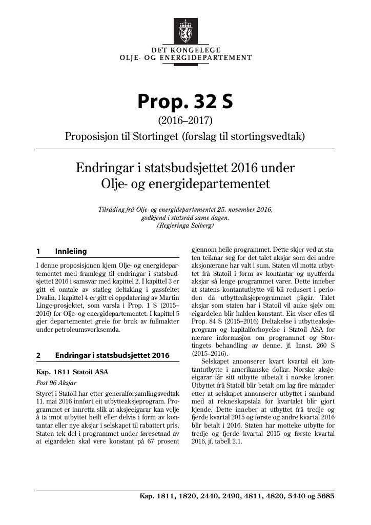 Forsiden av dokumentet Prop. 32 S (2016–2017)