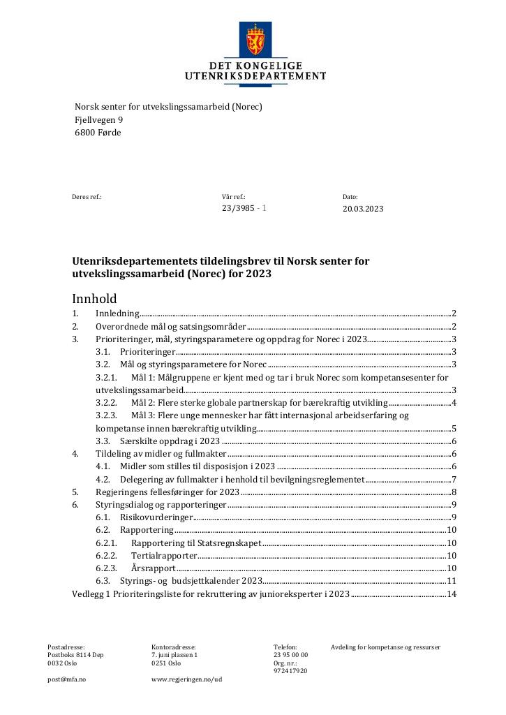 Forsiden av dokumentet Tildelingsbrev Norec 2023