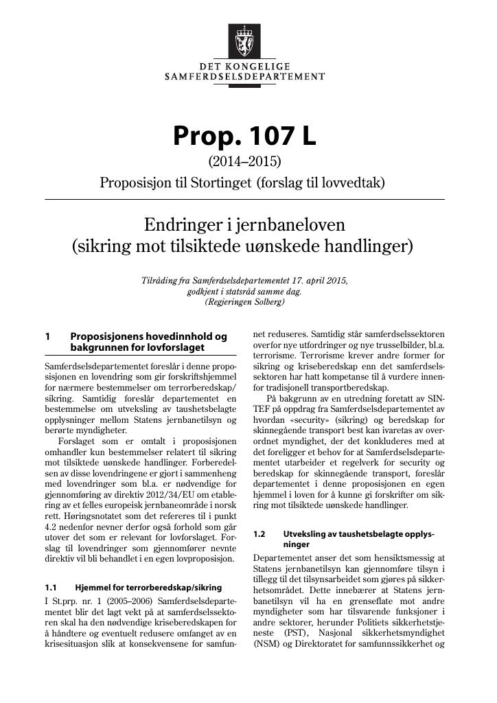 Forsiden av dokumentet Prop. 107 L (2014-2015)
