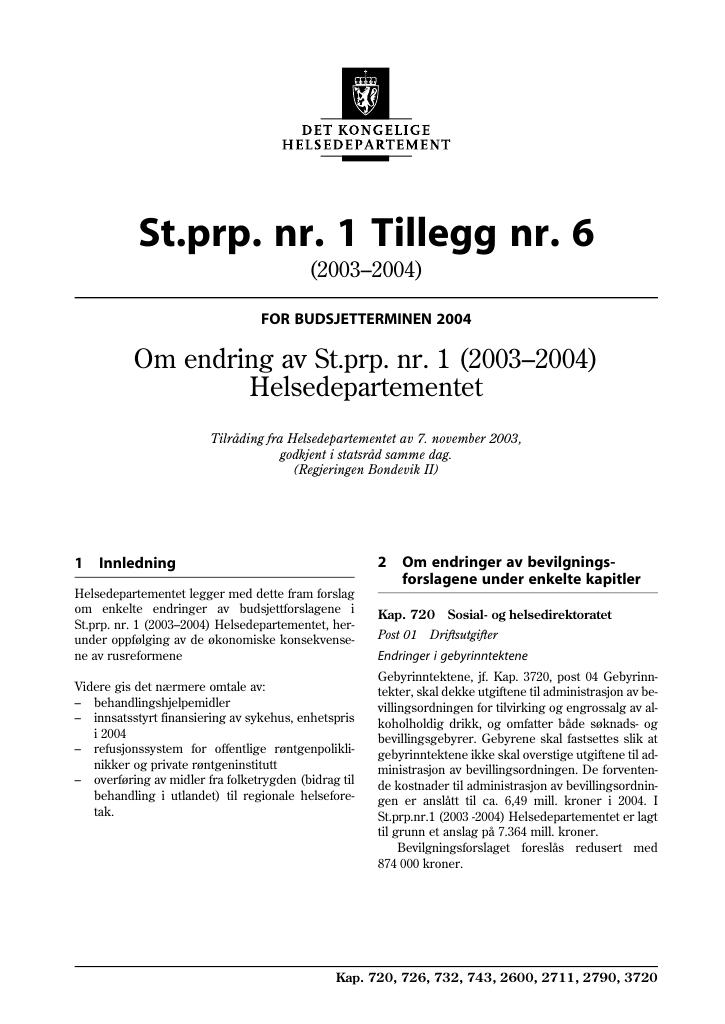 Forsiden av dokumentet St.prp nr. 1 Tillegg nr. 6 (2003-2004)