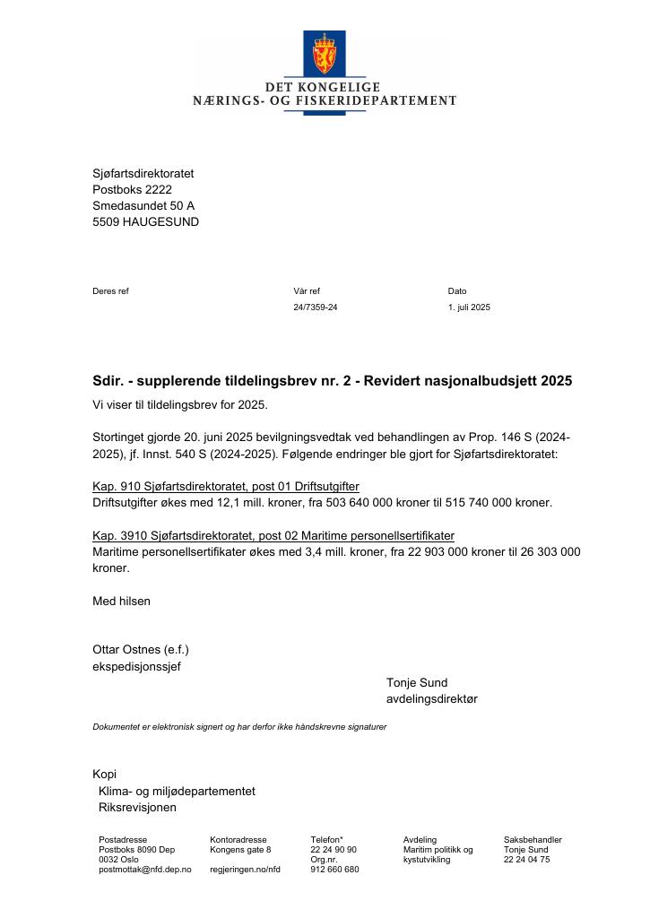 Forsiden av dokumentet Tildelingsbrev Sjøfartsdirektoratet 2025 - tillegg nr. 2