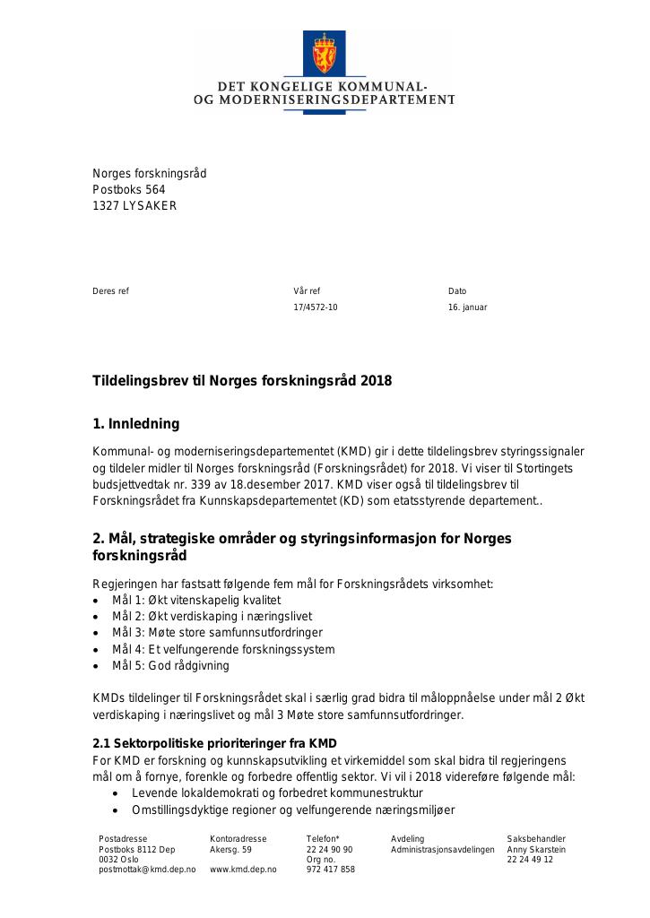 Forsiden av dokumentet Tildelingsbrev Norges forskningsråd 2018