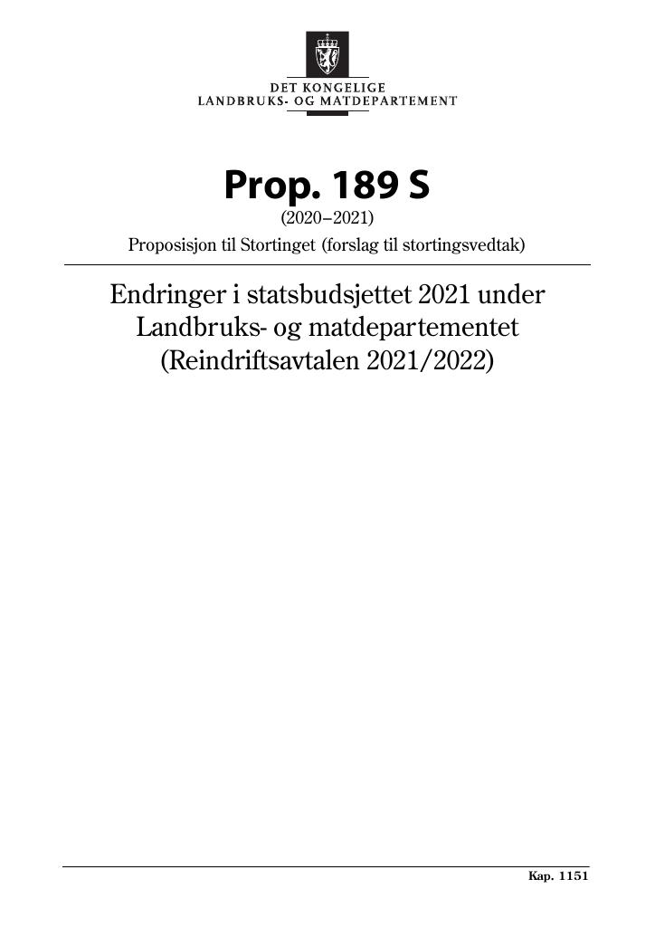 Forsiden av dokumentet Prop. 189 S (2020–2021)