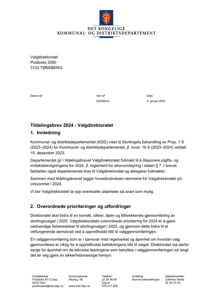 Forsiden av dokumentet Tildelingsbrev (pdf) 2024