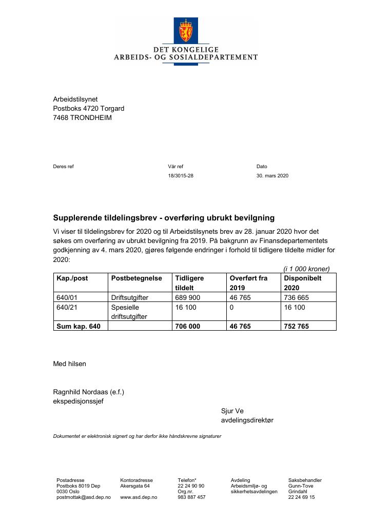 Forsiden av dokumentet Tildelingsbrev Arbeidstilsynet 2020 - tillegg nr. 2