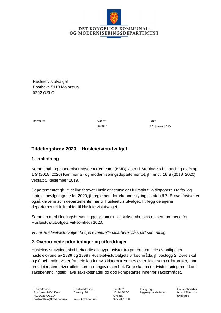 Forsiden av dokumentet Tildelingsbrev Husleietvistutvalget 2020