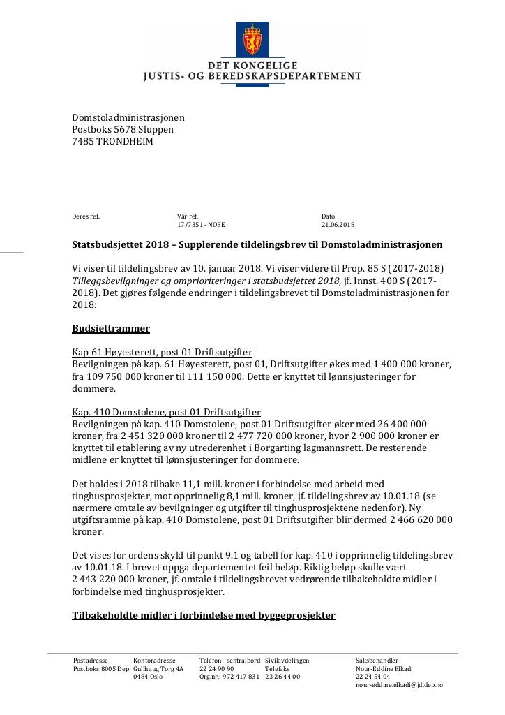 Forsiden av dokumentet Supplerende tildelingsbrev nr. 1 Domstoladministrasjonen 2018