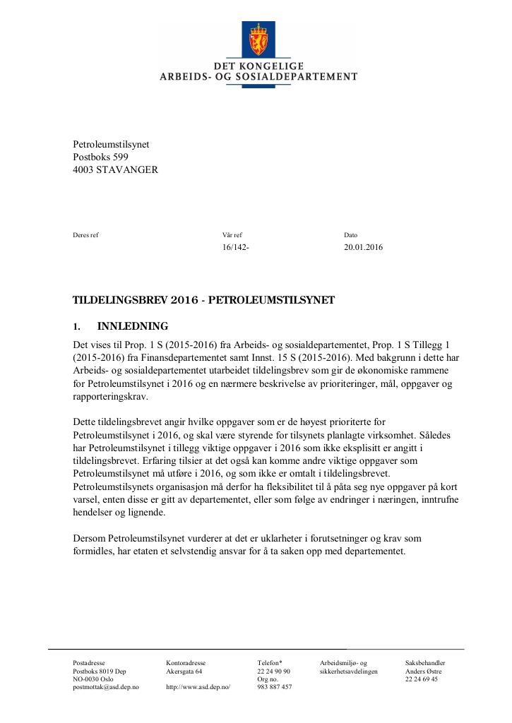 Forsiden av dokumentet Tildelingsbrev (PDF)