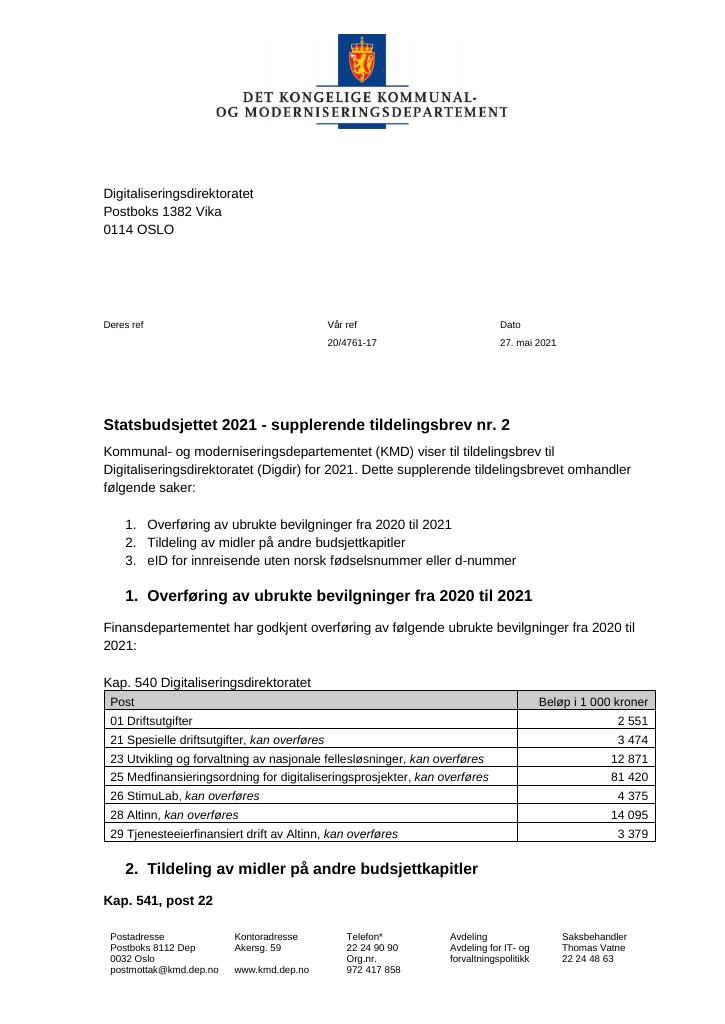 Forsiden av dokumentet Tildelingsbrev Digdir 2021 - tillegg nr. 2