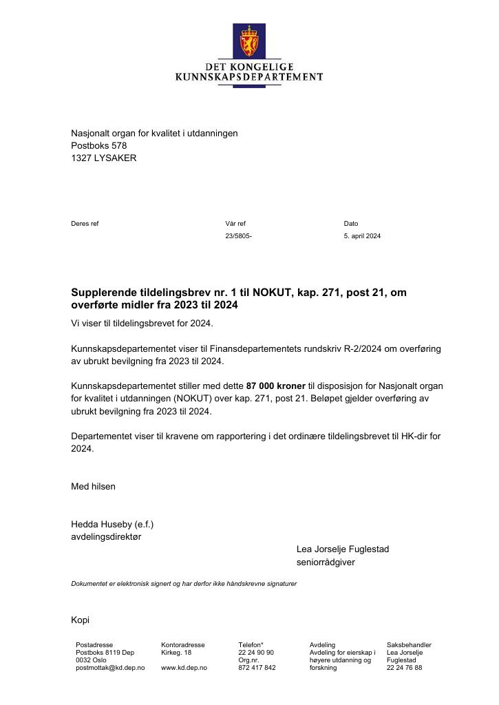 Forsiden av dokumentet Supplerende tildelingsbrev 2024