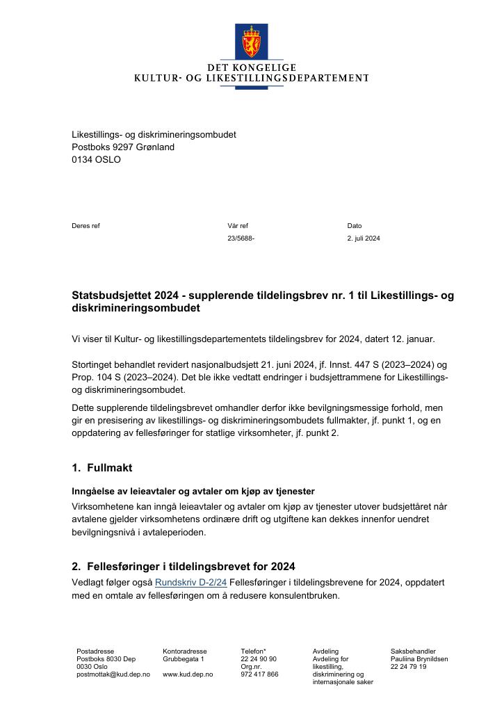 Forsiden av dokumentet Tildelingsbrev Likestillings- og diskrimineringsombudet 2024 - tillegg nr. 1