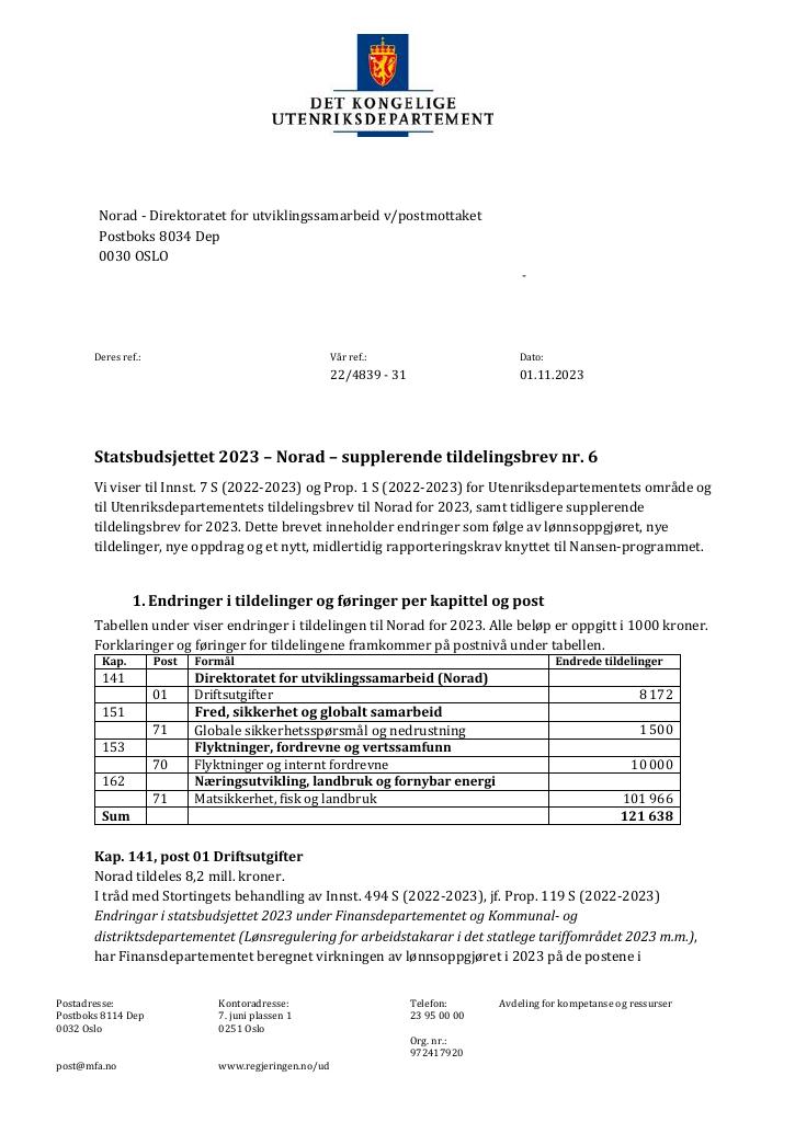 Forsiden av dokumentet Tildelingsbrev Norad 2023 - tillegg nr. 6