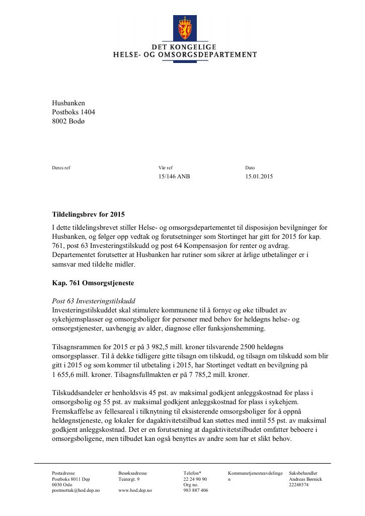 Forsiden av dokumentet Tildelingsbrev (pdf)