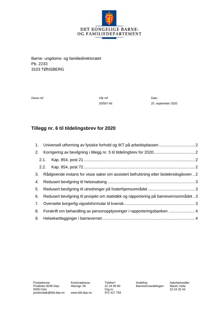 Forsiden av dokumentet Tildelingsbrev Bufdir 2020 - tillegg nr. 6