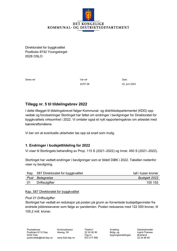 Forsiden av dokumentet Tildelingsbrev Direktoratet for byggkvalitet 2022 - tillegg nr. 5