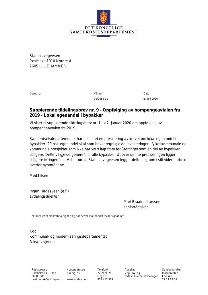 Forsiden av dokumentet Supplerende tildelingsbrev Statens vegvesen
2020 - nr. 9