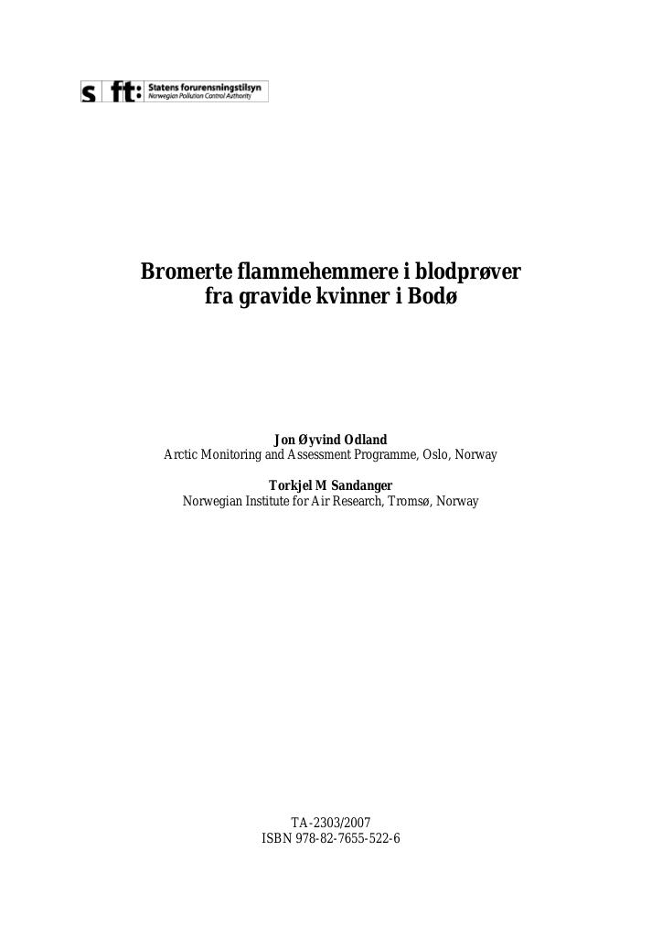Forsiden av dokumentet Bromerte flammehemmere i blodprøver fra gravide kvinner i Bodø