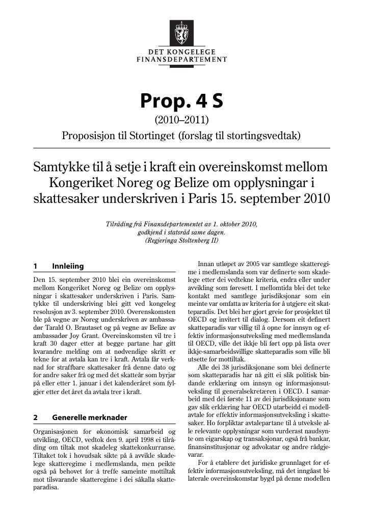 Forsiden av dokumentet Prop. 4 S (2010–2011)