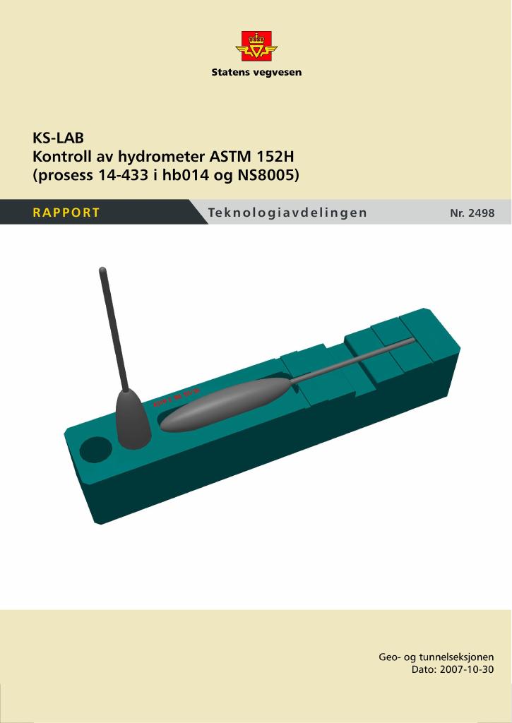 Forsiden av dokumentet KS-LAB. Kontroll av hydrometer ASTM 152H  (prosess 14-433 i hb014 og NS8005)