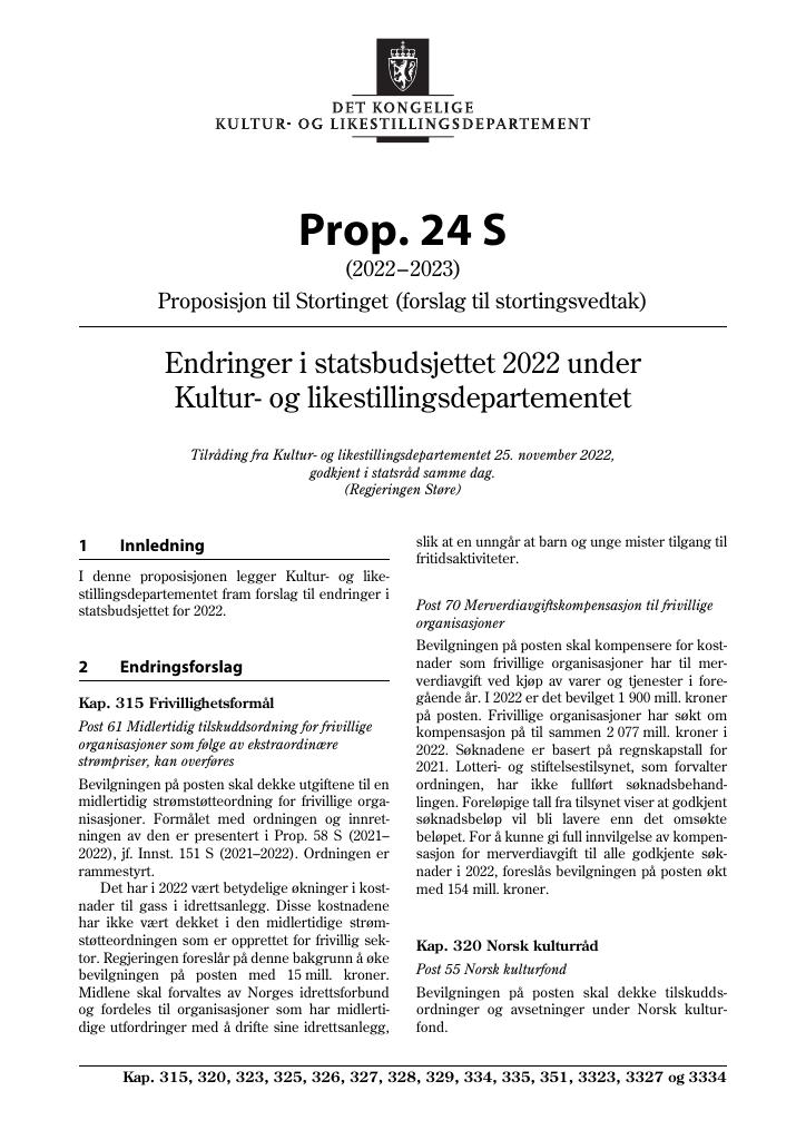 Forsiden av dokumentet Prop. 24 S (2022–2023)