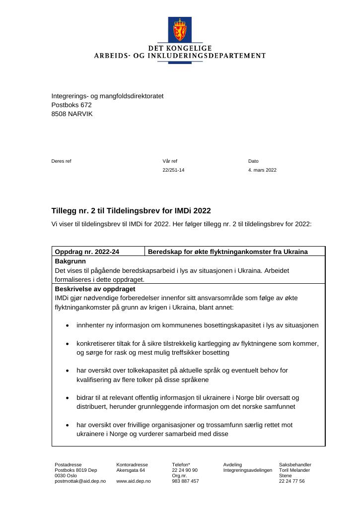Forsiden av dokumentet Tildelingsbrev Integrerings- og mangfoldsdirektoratet (IMDi) 2022 - tillegg nr. 2