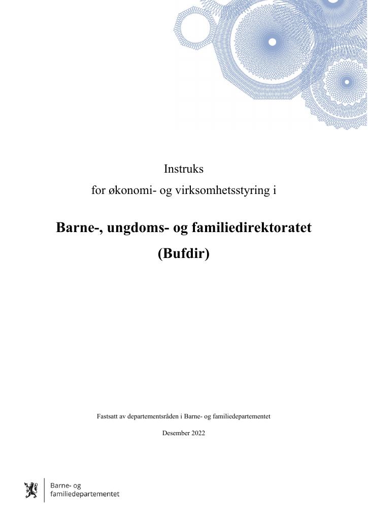 Forsiden av dokumentet Instruks for økomomi- og virksomhetsstyring Bufdir 2022