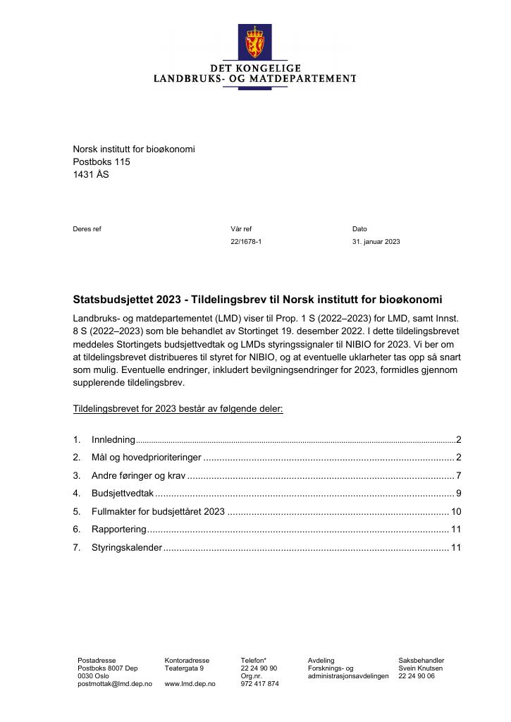 Forsiden av dokumentet Tildelingsbrev Norsk institutt for bioøkonomi 2023