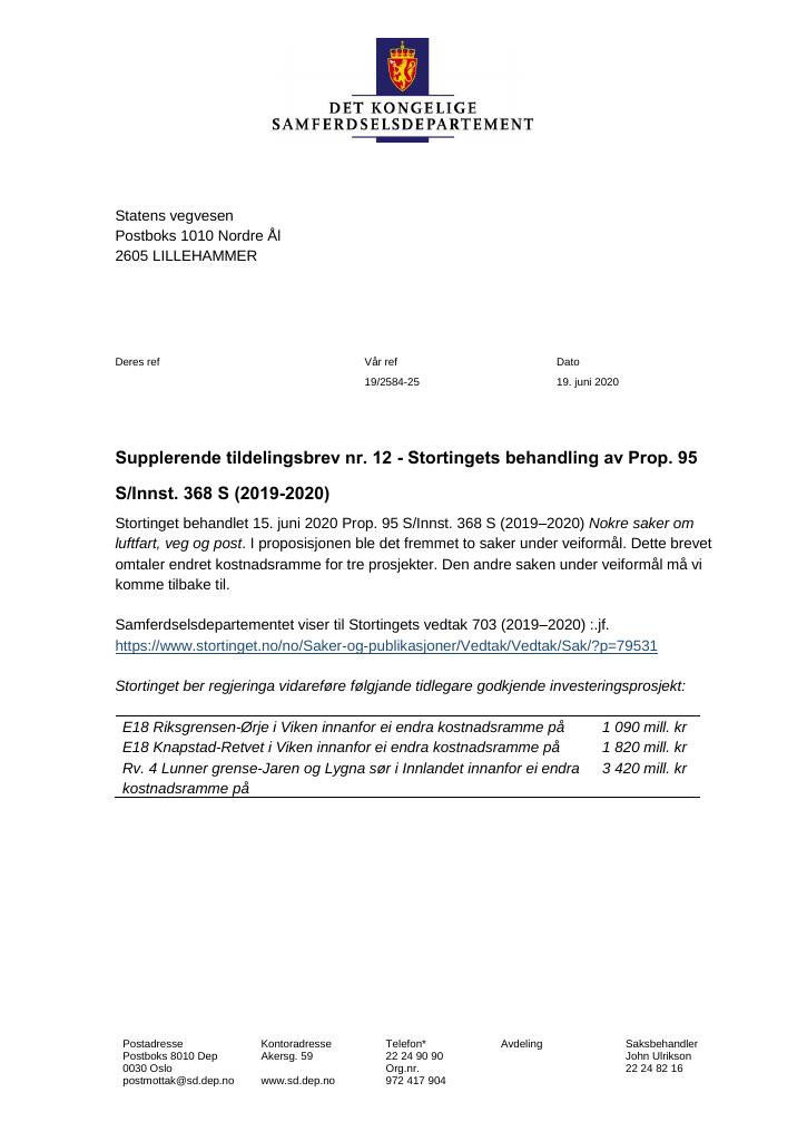 Forsiden av dokumentet Supplerende tildelingsbrev Statens vegvesen 2020 - nr. 12