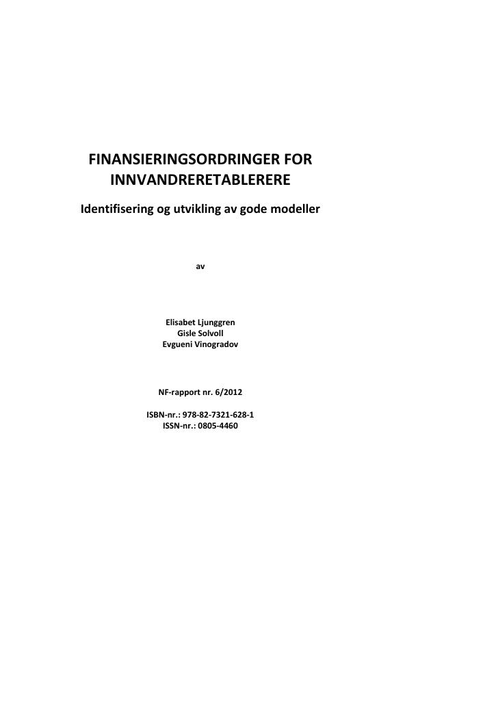 Forsiden av dokumentet Finansieringsordninger for innvandreretablerere