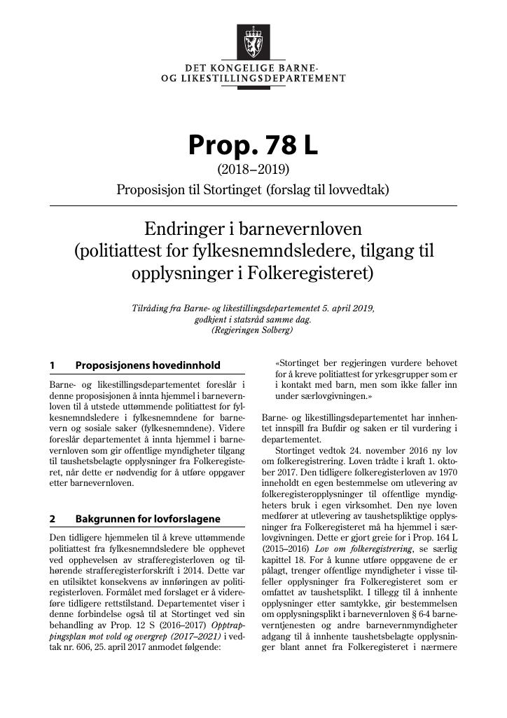 Forsiden av dokumentet Prop. 78 L (2018–2019)