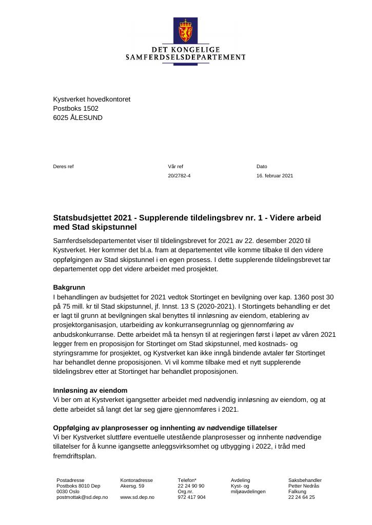 Forsiden av dokumentet Tildelingsbrev Kystverket 2021 - tillegg nr. 1