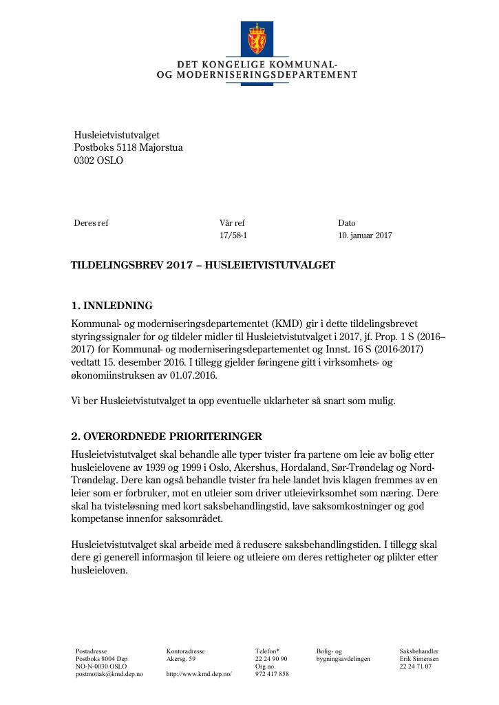 Forsiden av dokumentet Tildelingsbrev (pdf)