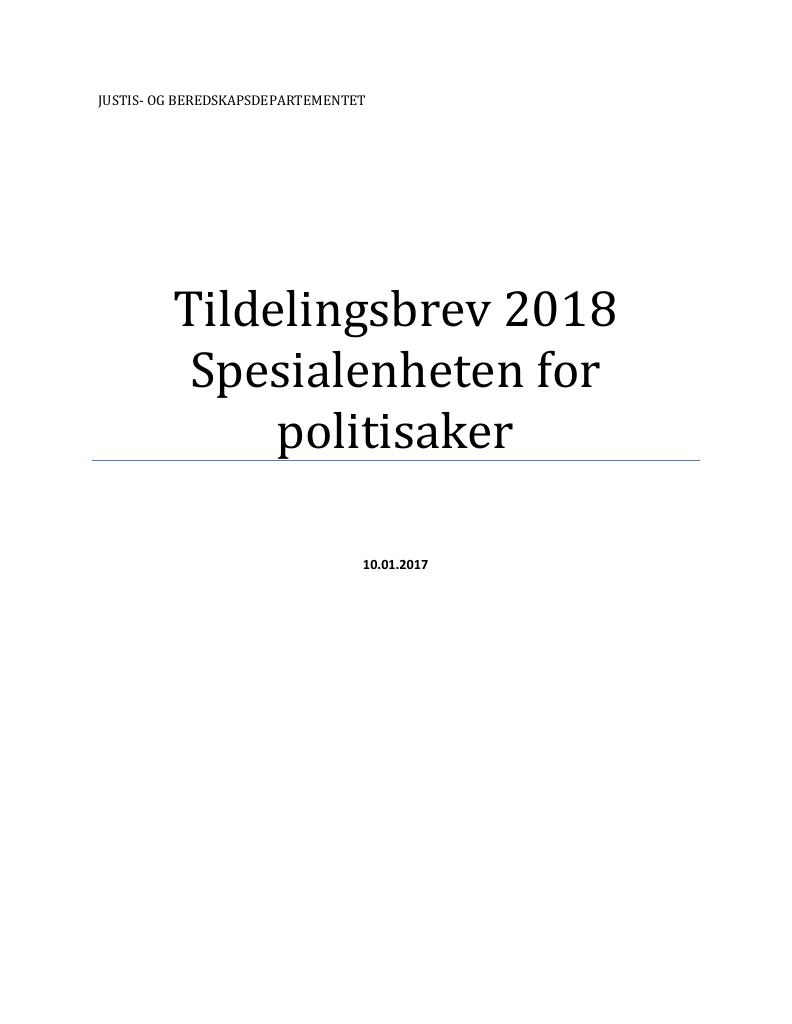 Forsiden av dokumentet Tildelingsbrev Spesialenheten for politisaker 2018