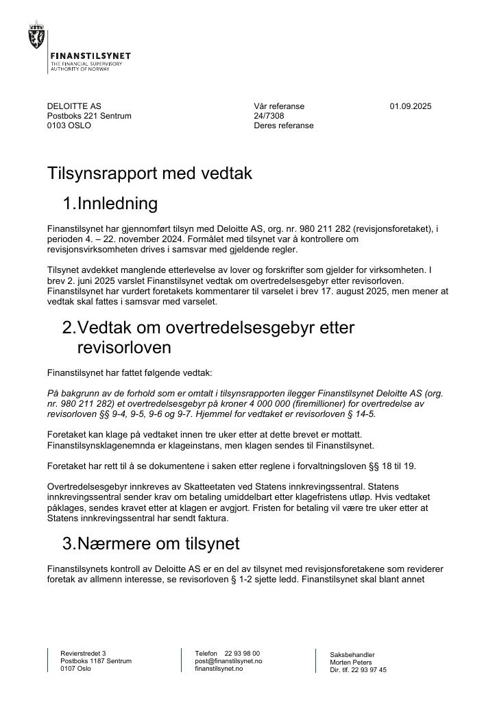 Forsiden av dokumentet Tilsynsrapport med vedtak: Deloitte AS