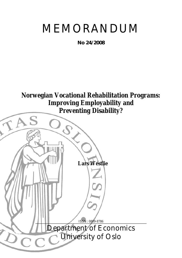 Forsiden av dokumentet Norwegian Vocational Rehabilitation Programs:Improving Employability and Preventing Disability?
