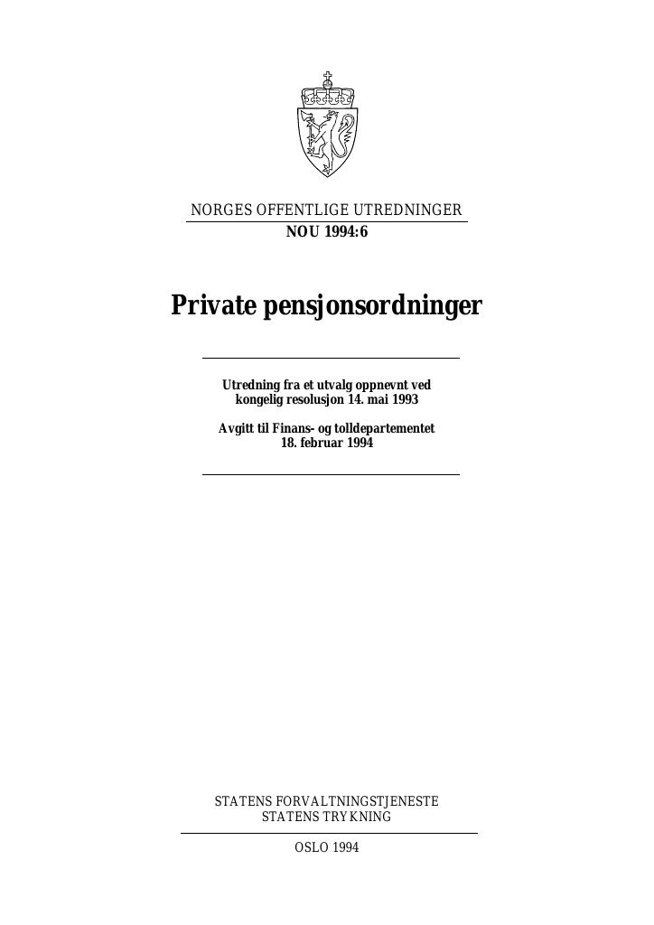 Forsiden av dokumentet NOU 1994: 6 - Private pensjonsordninger