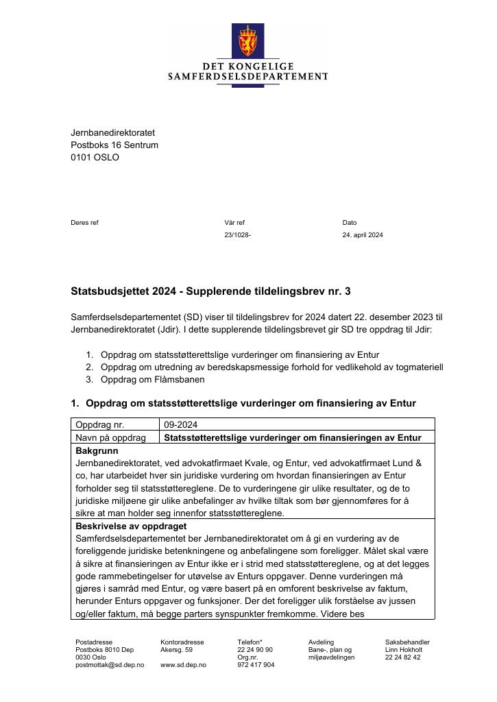 Forsiden av dokumentet Tildelingsbrev Jernbanedirektoratet 2024 - tillegg nr. 3