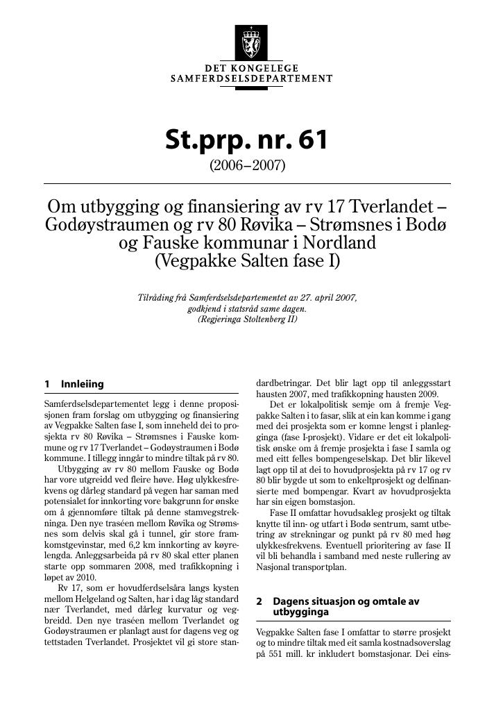 Forsiden av dokumentet St.prp. nr. 61 (2006-2007)