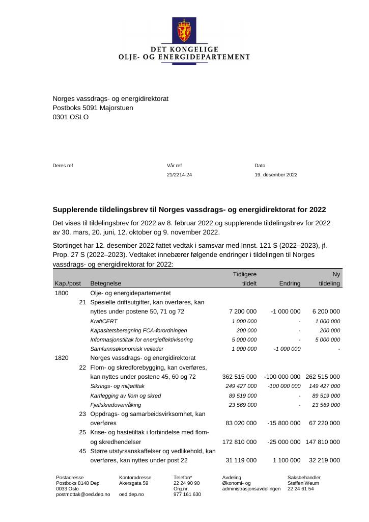 Forsiden av dokumentet Tildelingsbrev Norges vassdrags- og energidirektorat 2022 - tillegg nr. 6