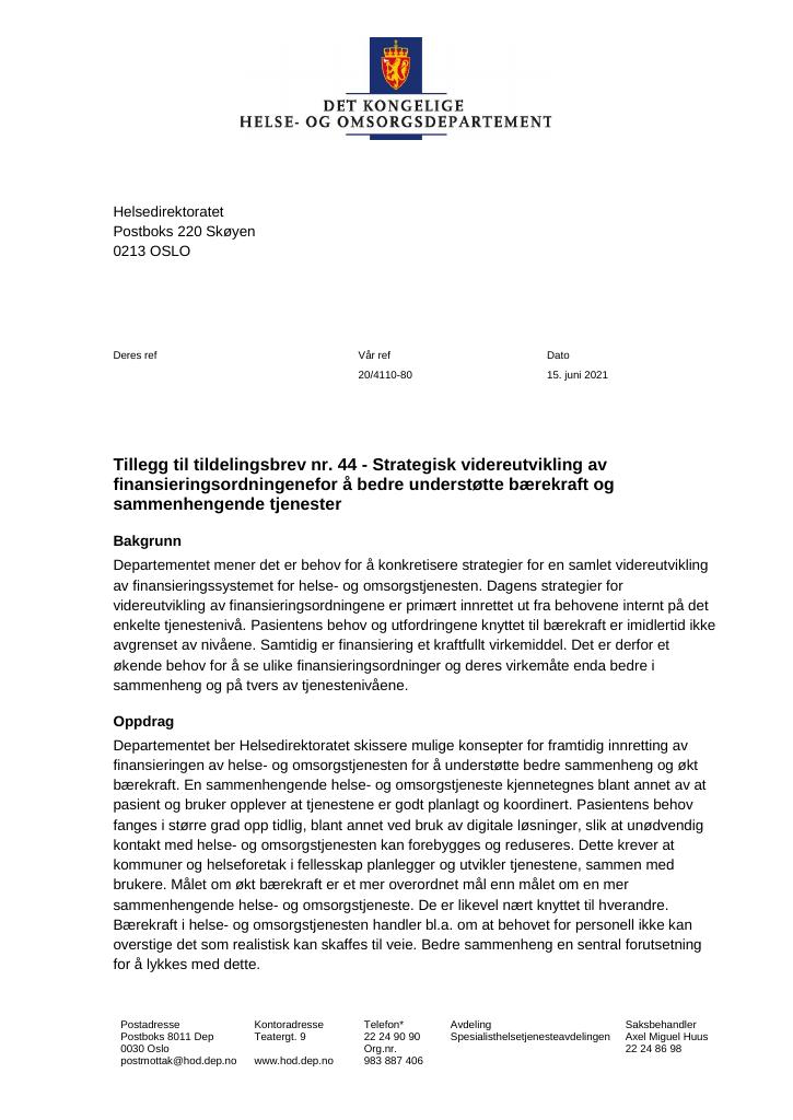 Forsiden av dokumentet Tildelingsbrev Helsedirektoratet 2021 - tillegg nr. 44