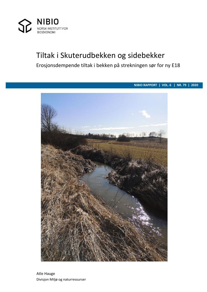 Forsiden av dokumentet Tiltak i Skuterudbekken og sidebekker : erosjonsdempende tiltak i bekken på strekningen sør for ny E18