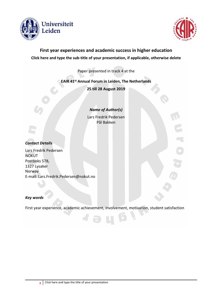 Forsiden av dokumentet First year experiences and academic success in higher education