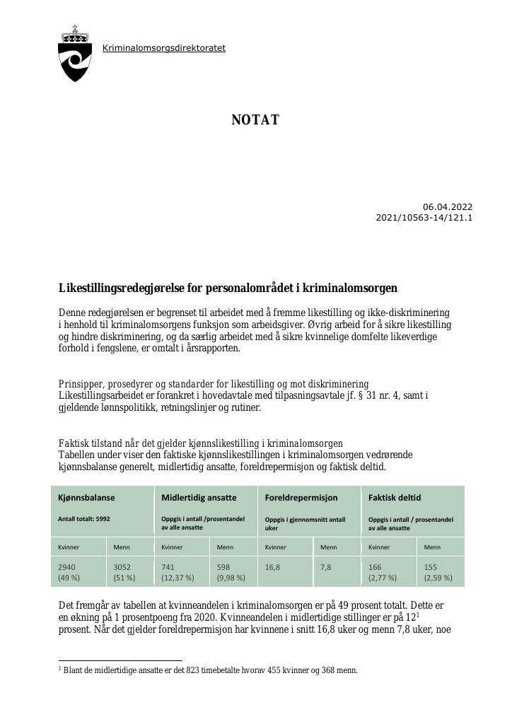 Forsiden av dokumentet Likestillingsredegjørelse for personalområdet i kriminalomsorgen