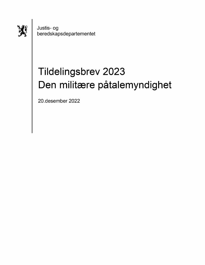 Forsiden av dokumentet Tildelingsbrev Den militære påtalemyndighet 2023