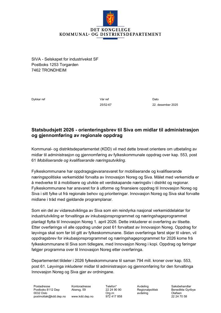Forsiden av dokumentet Statsbudsjett 2026 - orienteringsbrev til Siva om midlar til administrasjon og gjennomføring av regionale oppdrag