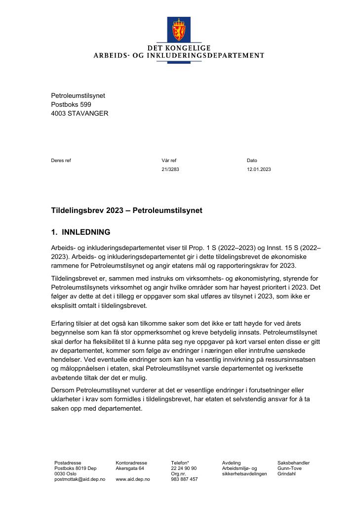 Forsiden av dokumentet Tildelingsbrev Petroleumstilsynet 2023