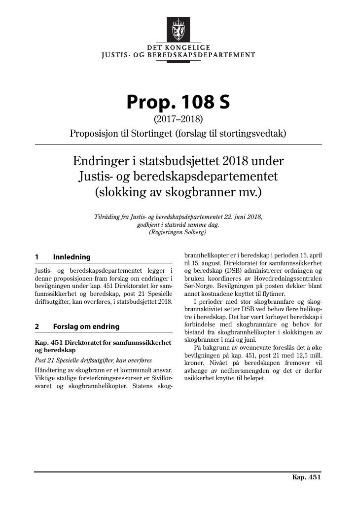 Forsiden av dokumentet Prop. 108 S (2017–2018)