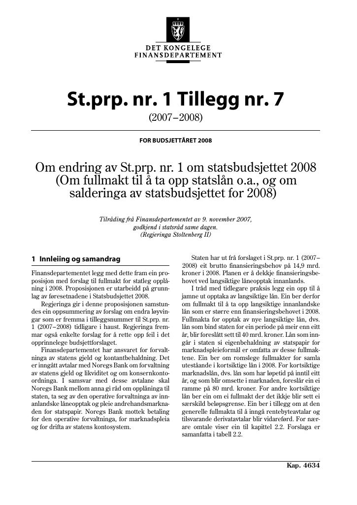 Forsiden av dokumentet St.prp nr. 1 Tillegg nr. 7 (2007-2008)