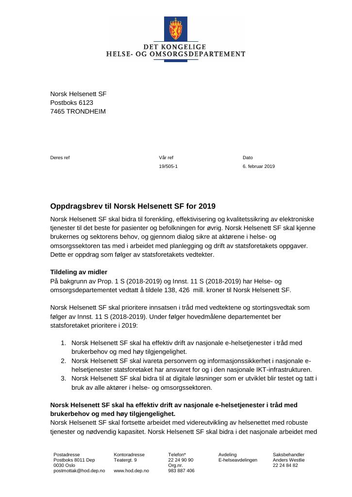 Forsiden av dokumentet Tildelingsbrev Norsk Helsenett SF 2019