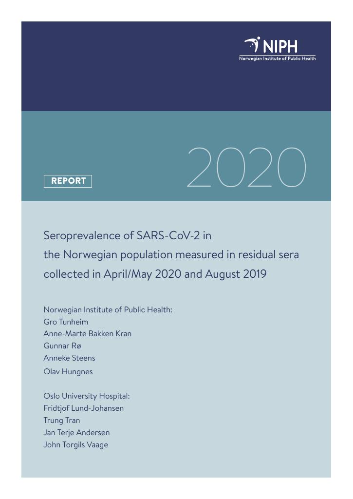 Forsiden av dokumentet Seroprevalence of SARS-CoV-2 in the Norwegian population measured in residual sera collected in April/May 2020 and August 2019
